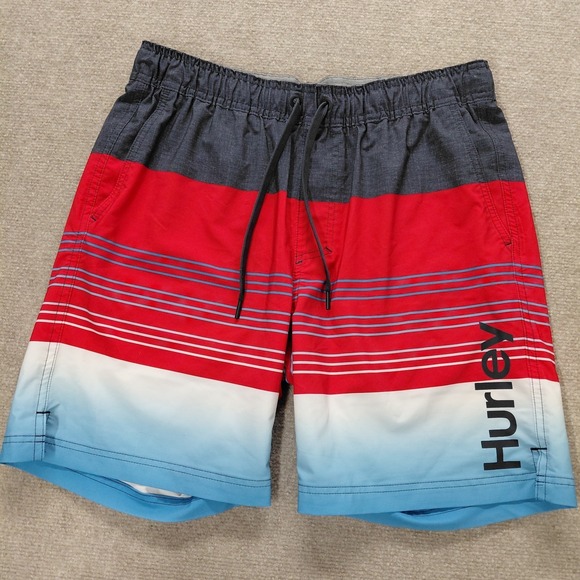 Hurley Other - Hurley Men Swimwear L Red Blue Lined Swim Trunk Striped Board Shorts 7.5" Inseam